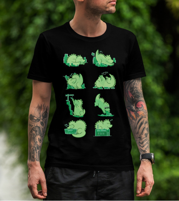 Gawwwzillawww City Adventures Eating Swimming Sleeping Nom Comic Panels T-Shirt