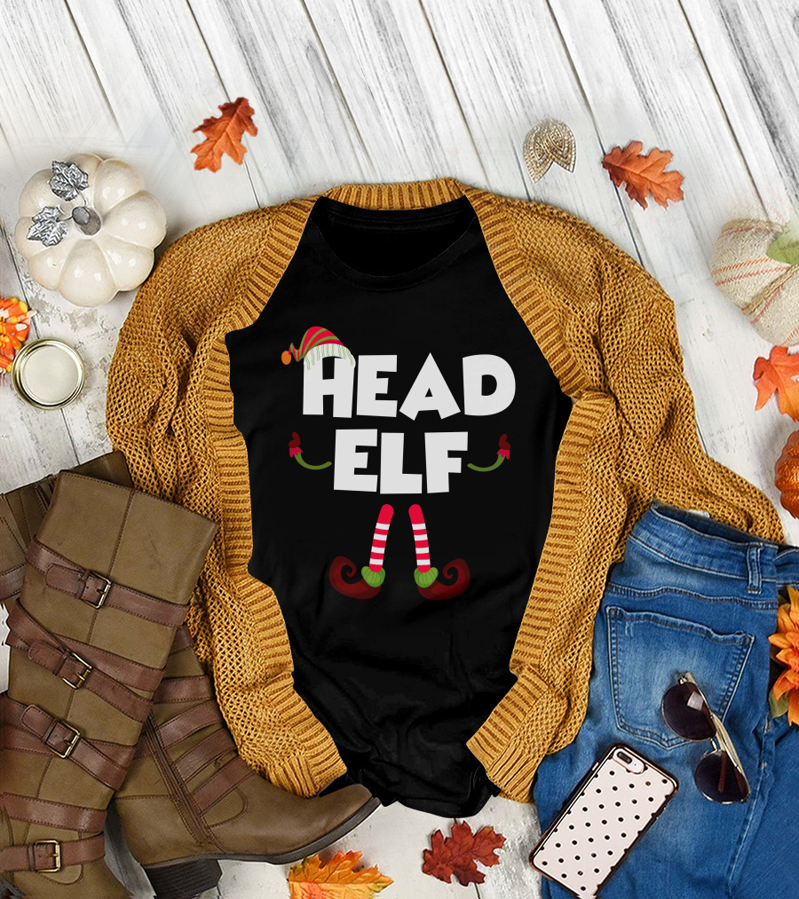 Head Elf Festive Christmas Hat and Striped Socks Holiday T-Shirt