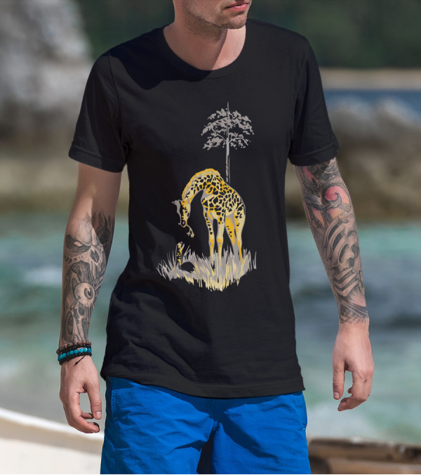 Help From Above Giraffe Interacting With Snake Under Tree T-Shirt