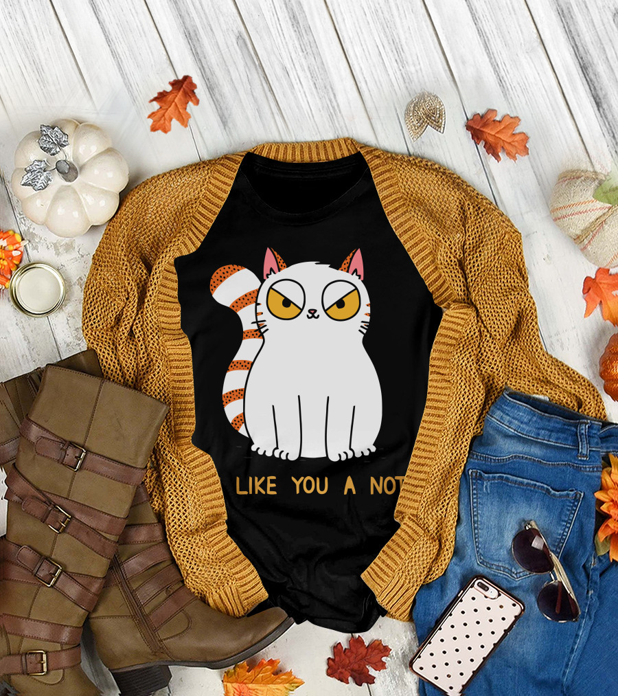 Grumpy White Cat with Striped Tail Saying I Like You A Not T-Shirt
