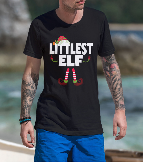 Littlest Elf Festive Hat And Striped Stockings T-Shirt