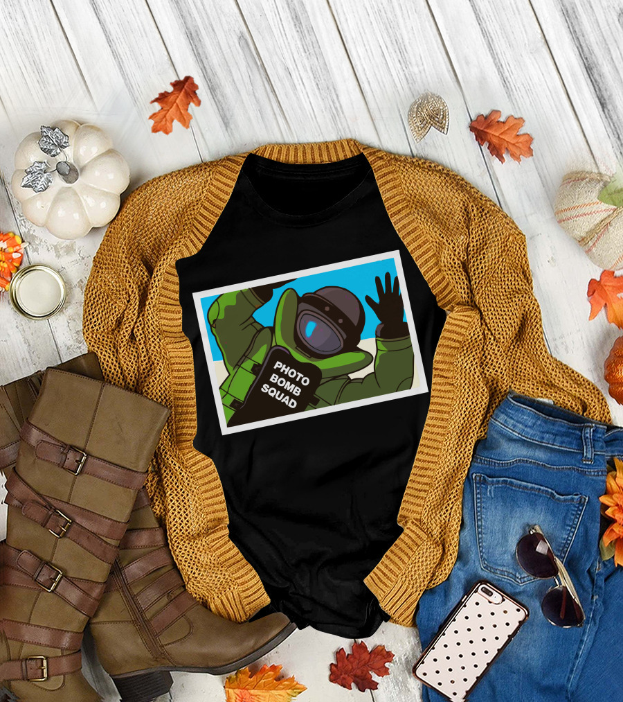 PHOTO BOMB SQUAD Space-Themed Bomb Suit Astronaut Playful Pose T-Shirt