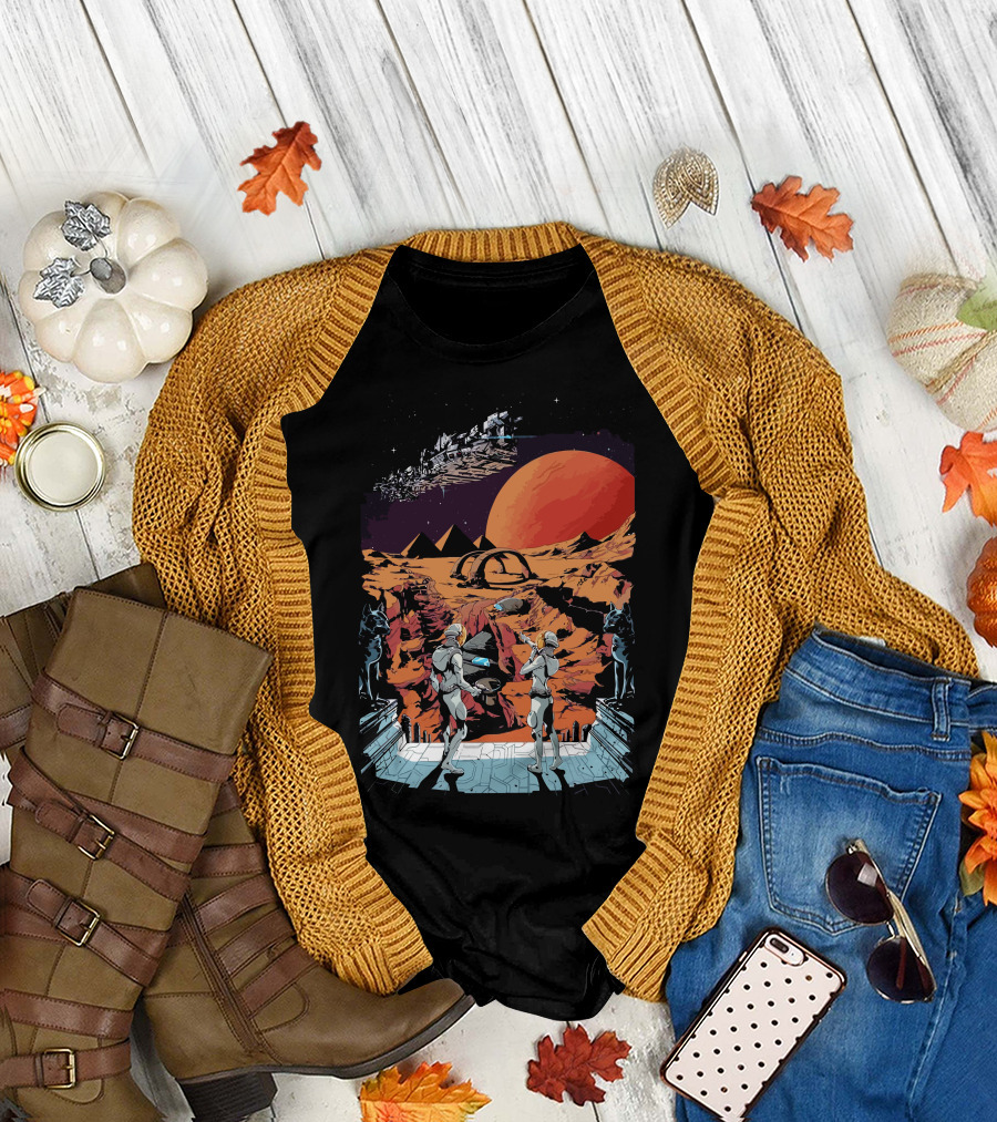 Planet Exploration with Futuristic Landscape and Spacecraft T-Shirt