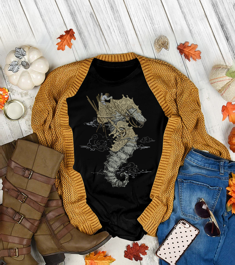 Sea Chariot - Ornate Seahorse with Warrior and Clouds T-Shirt