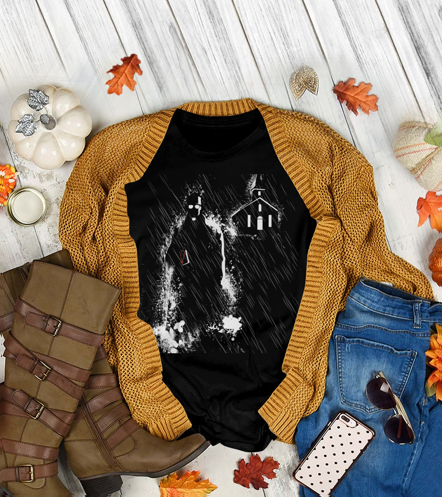 Sin City Noir Rain Silhouette with Church and Eyeglasses T-Shirt