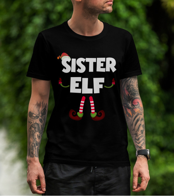 Sister Elf Christmas Hat Red Green Striped Socks Holiday T-Shirt