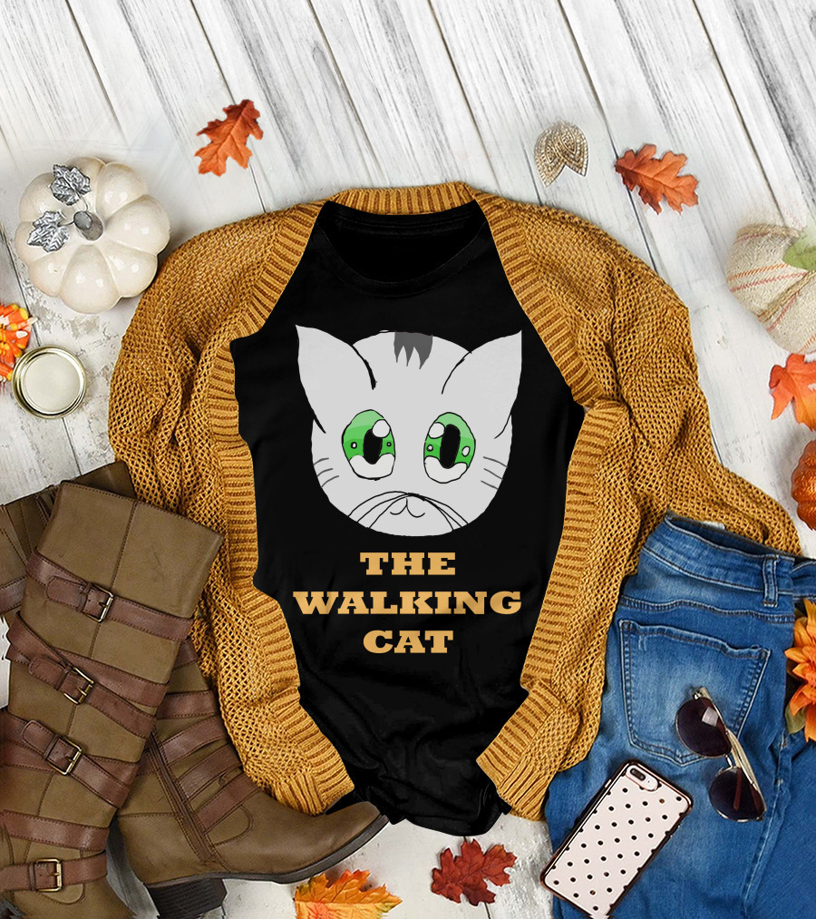 The Walking Cat Cute Cartoon Cat Face with Green Eyes T-Shirt