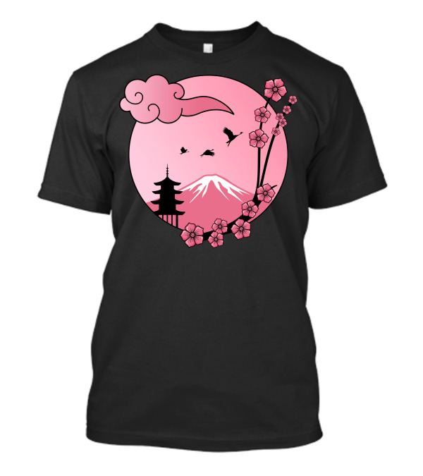 Cherry Blossom Sakura Pagoda With Pink Sun And Mountain T-Shirt