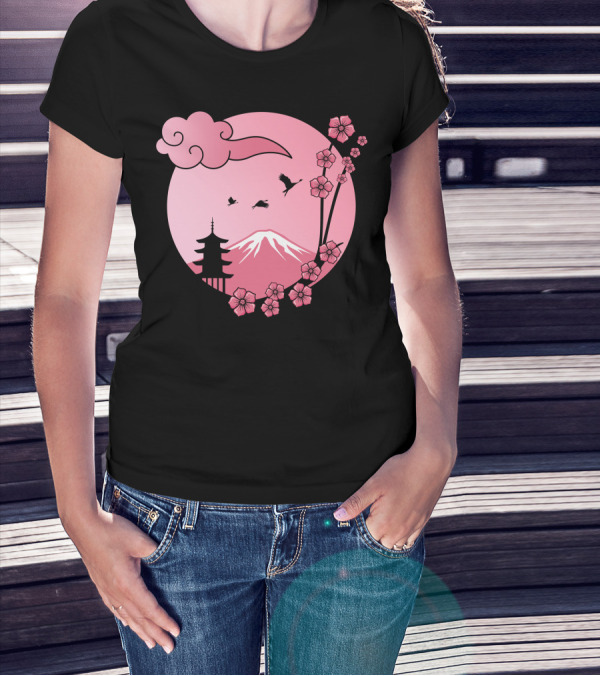 Cherry Blossom Sakura Pagoda With Pink Sun And Mountain T-Shirt