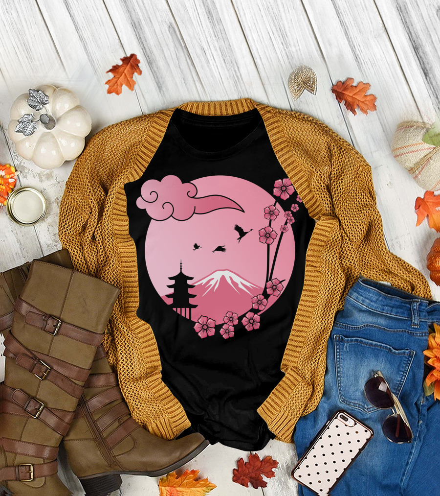 Cherry Blossom Sakura Pagoda with Pink Sun and Mountain T-Shirt