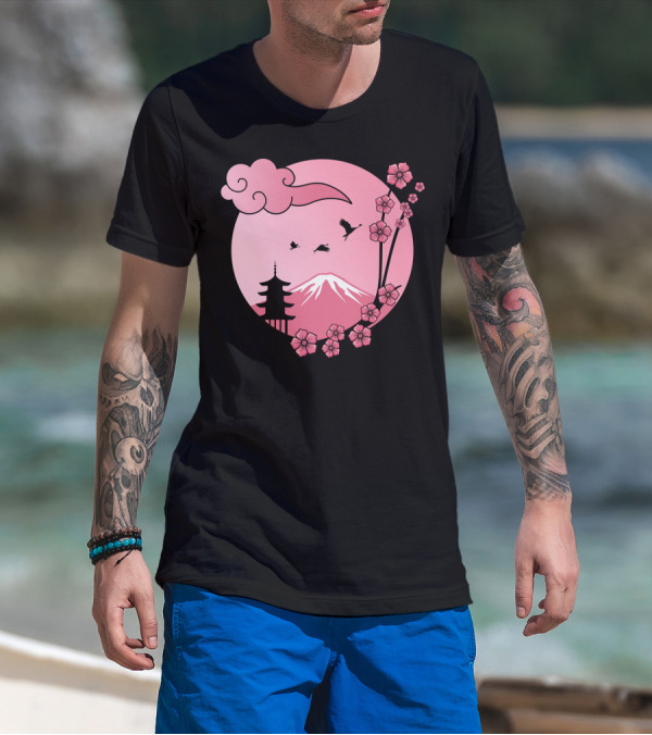 Cherry Blossom Sakura Pagoda With Pink Sun And Mountain T-Shirt