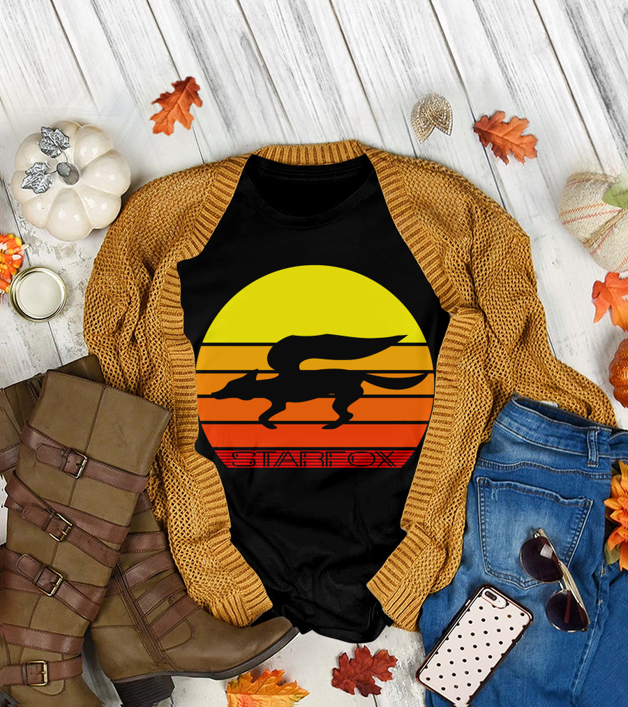 Retro Starfox Silhouette Sunset Stripes T-Shirt