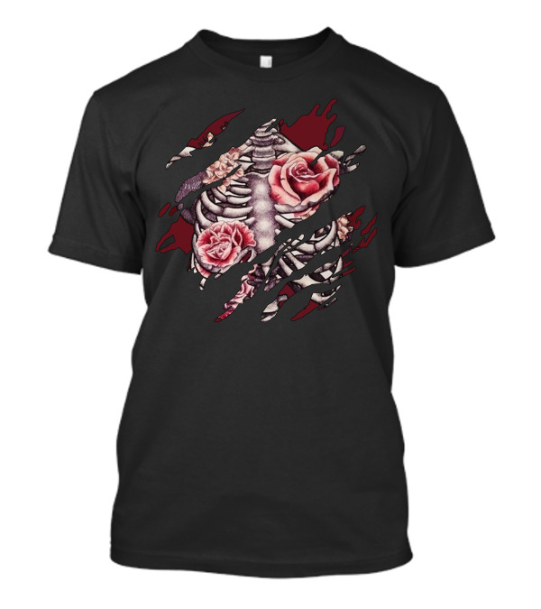 Skeleton Inside Roses Ribcage Rip T-Shirt