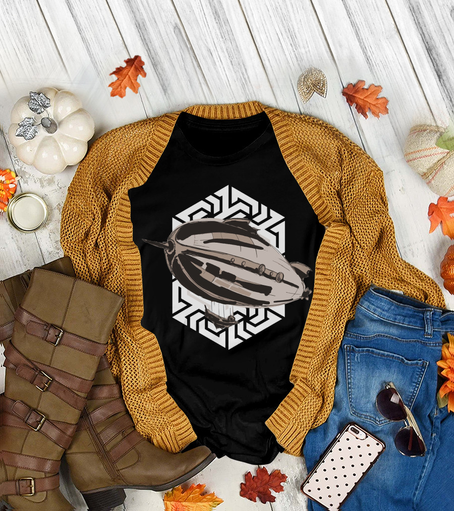 Steampunk Airship with Geometric Hexagon Background T-Shirt