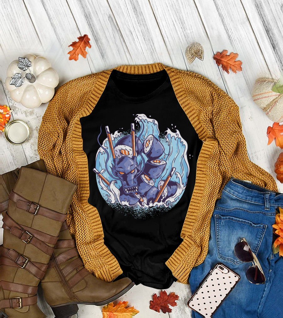 Sushi Dragon Sea Serpent with Chopsticks and Waves T-Shirt