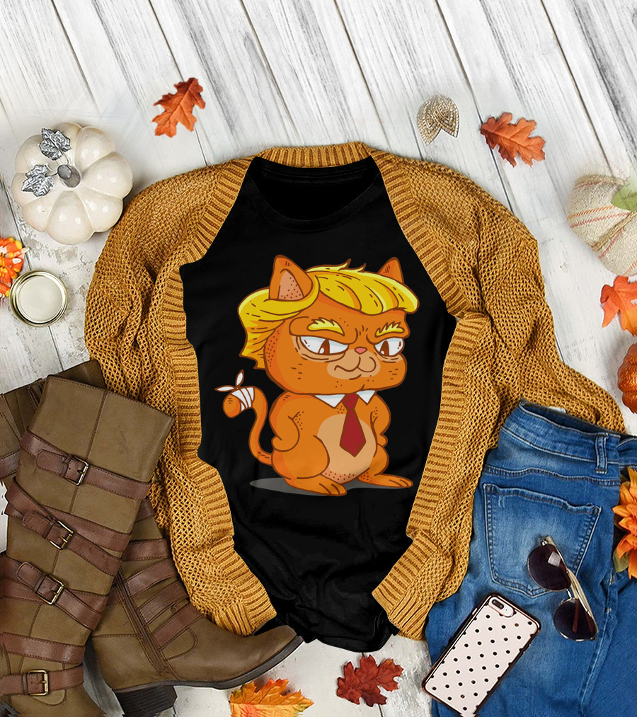 Trump Cat Cartoon Character in Tie and Yellow Hair T-Shirt