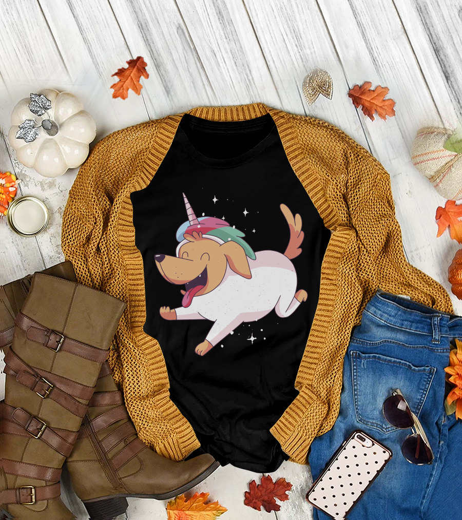 Unicorn Dog Running with Colorful Horn and Sparkling Stars T-Shirt