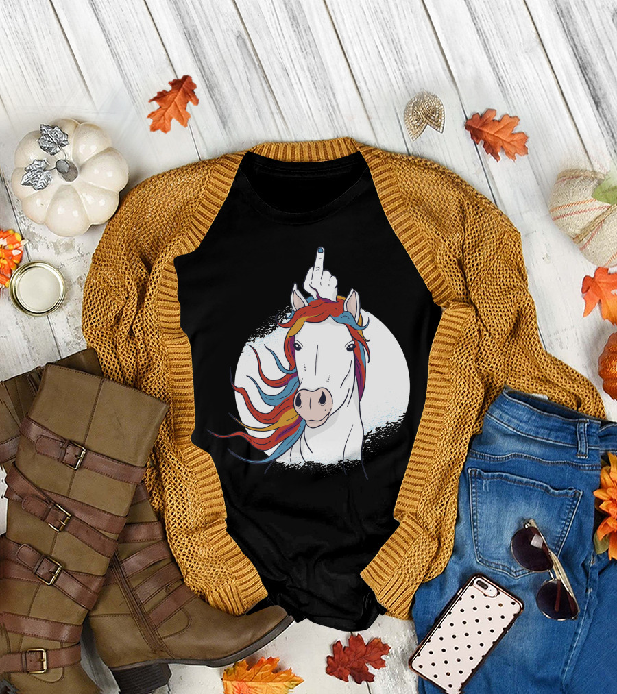 Unicorn Middle Finger Gesture Rainbow Mane T-Shirt