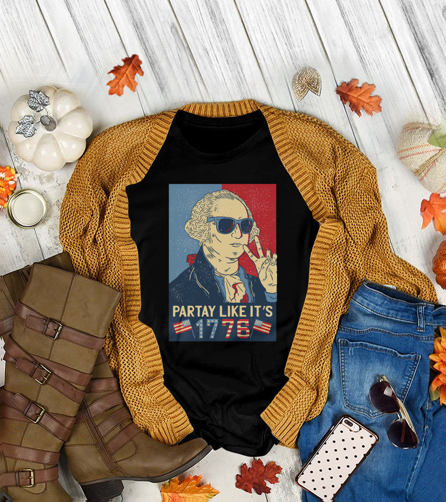 Partay Like It's 1776 Washington Peace Sign Sunglasses American Flag T-Shirt