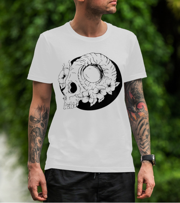 Dark Floral Skull Moon Design With Roses And Shadows T-Shirt