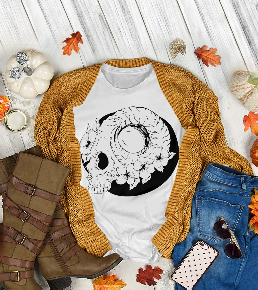 Dark Floral Skull Moon Design with Roses and Shadows T-Shirt