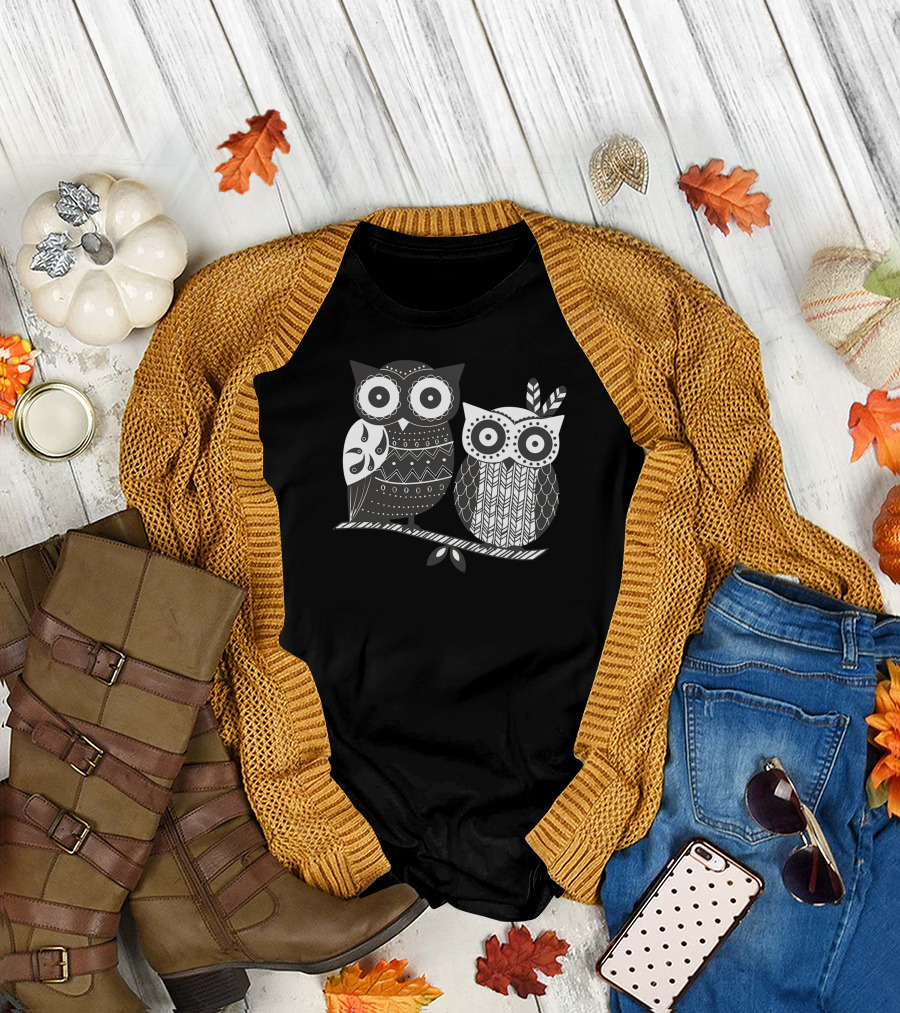 Bohoowl Whimsical Patterned Owls on Branch T-Shirt