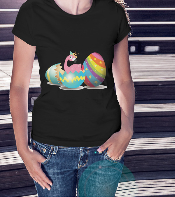 Flamingo In Colorful Cracked Easter Eggs With Rainbow T-Shirt