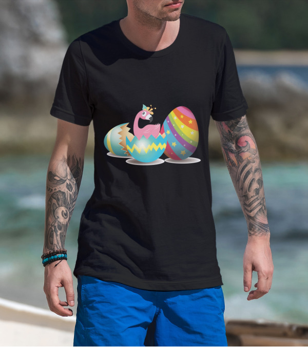 Flamingo In Colorful Cracked Easter Eggs With Rainbow T-Shirt