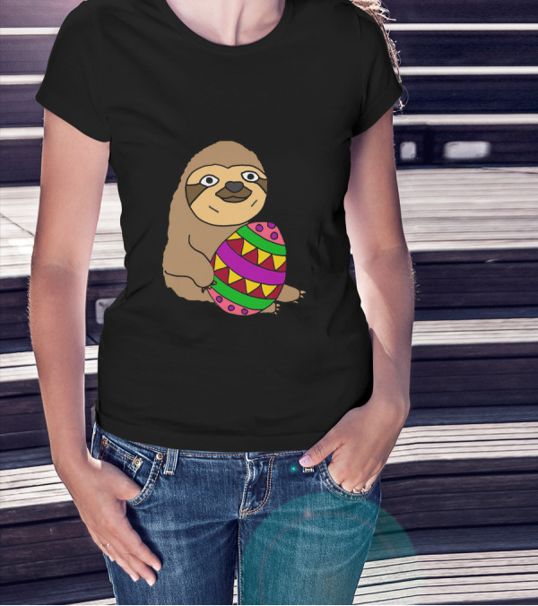 Funny Cute Sloth Hugging Colorful Easter Egg Cartoon T-Shirt