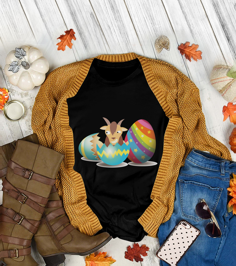 Goat Hatching from Colorful Easter Egg with Star-Striped Decor T-Shirt