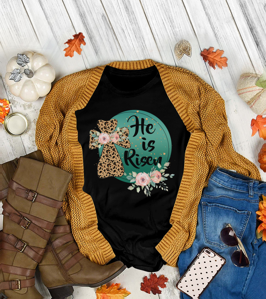He Is Risen Leopard Print Cross Floral Circle T-Shirt
