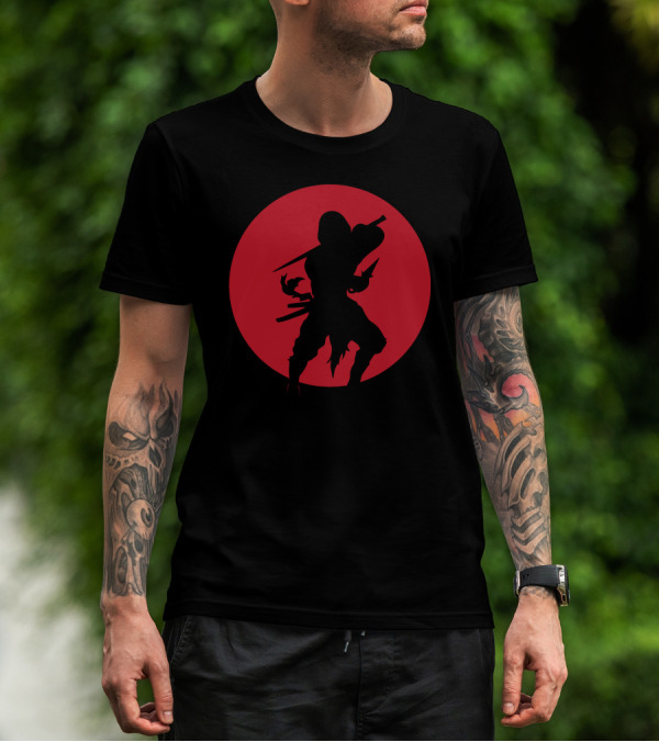 Japanese Ninja Silhouette In Front Of Red Moon T-Shirt
