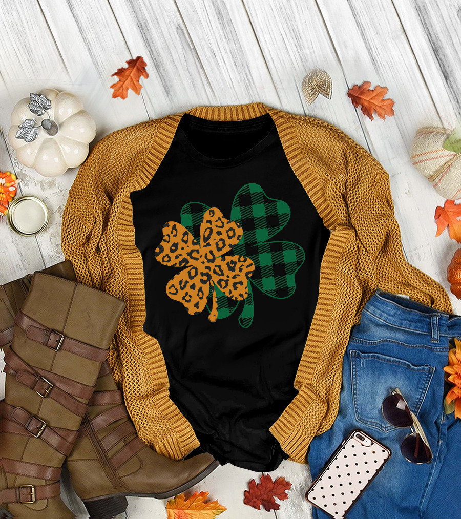 Leopard Print and Buffalo Plaid Shamrock T-Shirt
