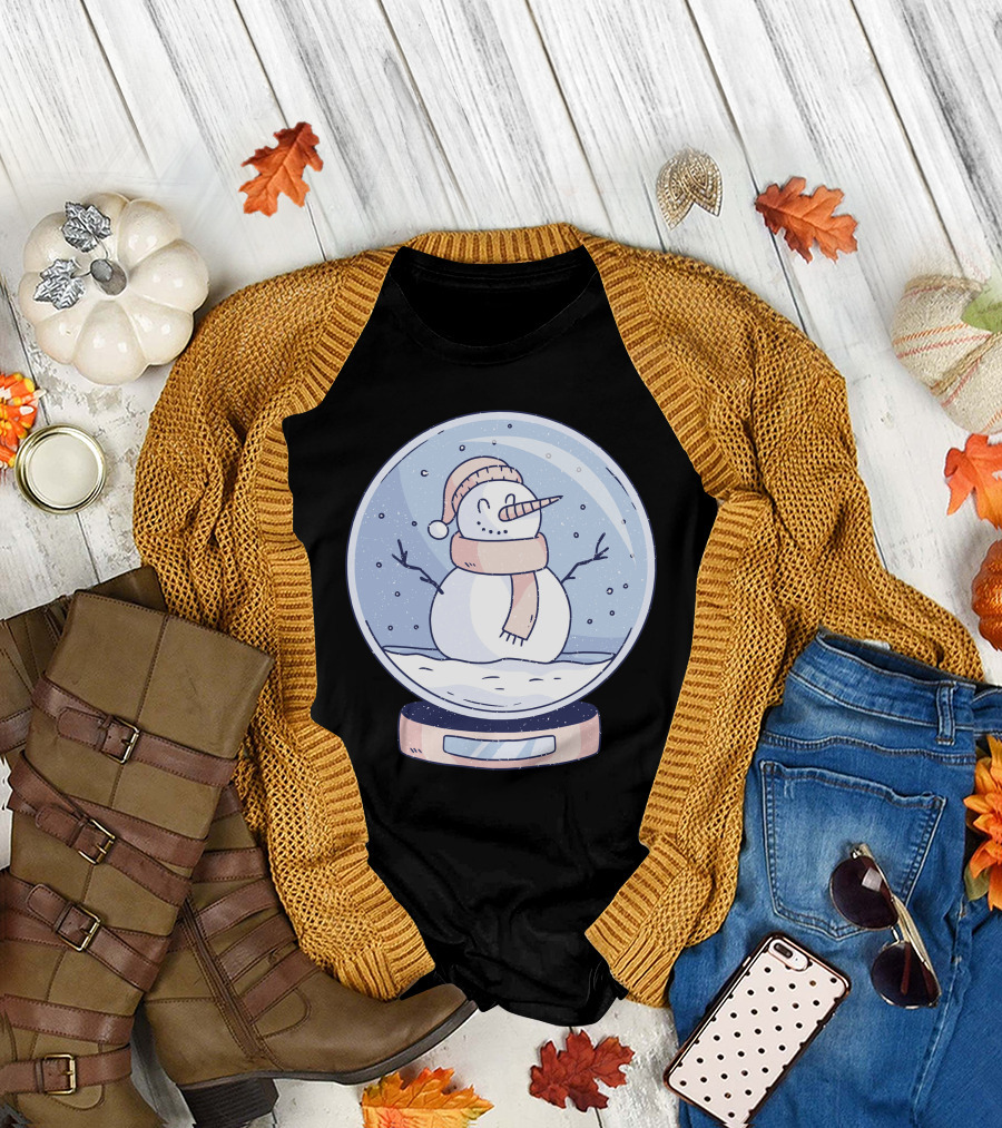 Winter Snowglobe with Happy Snowman Wearing Scarf and Hat T-Shirt