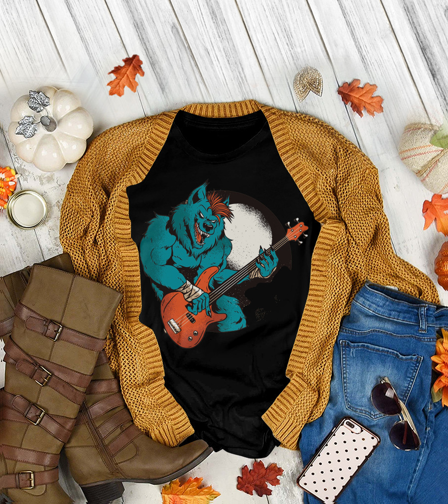 Werewolf Rocking Out Under Full Moon with Electric Bass Guitar T-Shirt