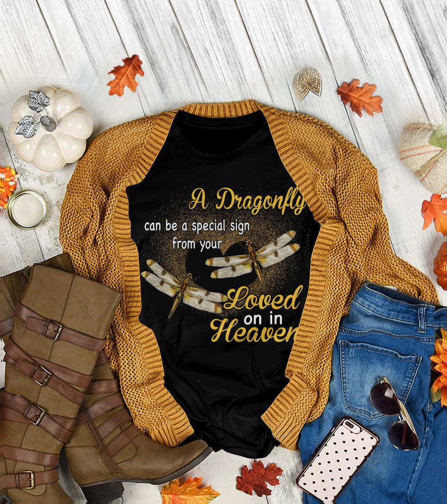 A Dragonfly Can Be a Special Sign from Your Loved One in Heaven with Two Dragonflies on Glittering Heart Background T-Shirt