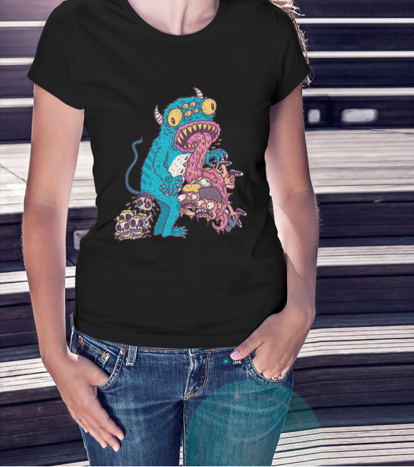 Alieneatshuman Monster Creature Devouring Humans With Skull Pile T-Shirt