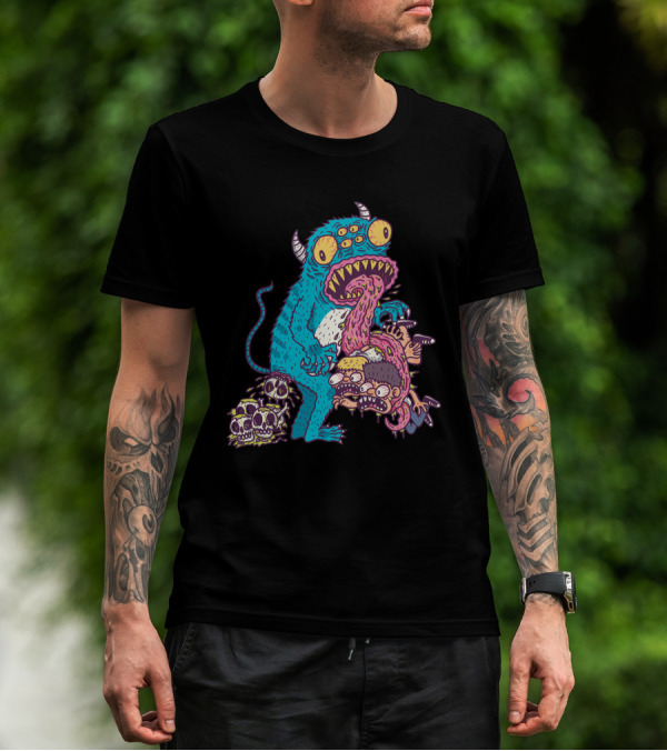 Alieneatshuman Monster Creature Devouring Humans With Skull Pile T-Shirt