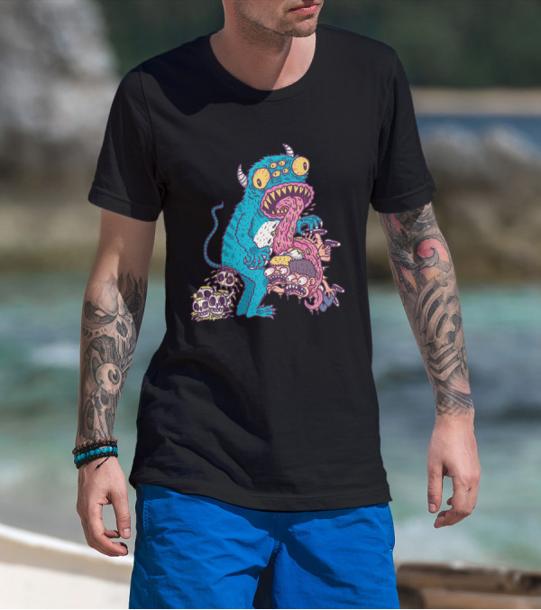 Alieneatshuman Monster Creature Devouring Humans With Skull Pile T-Shirt