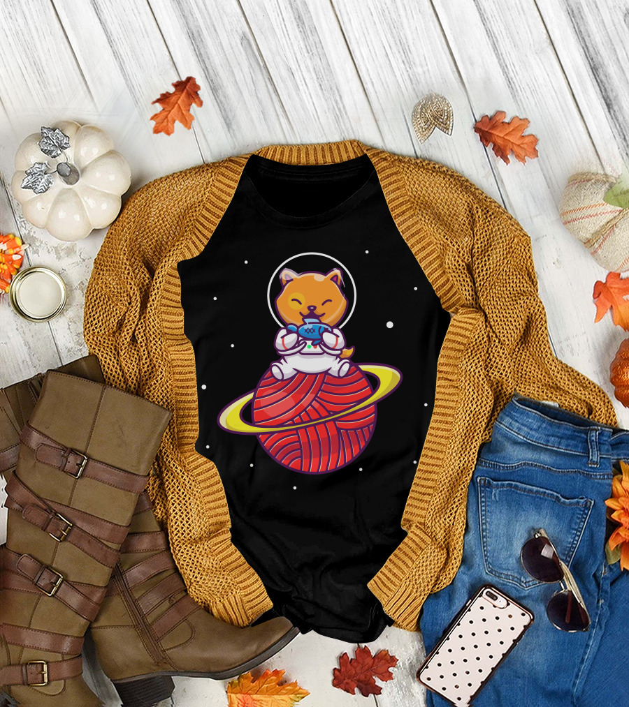 Astronaut Cat Holding Fish on Yarn Planet T-Shirt