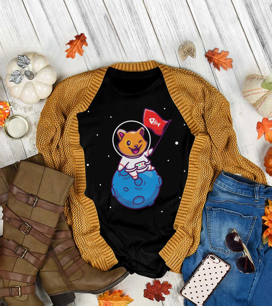 Astronaut Cat Holding Red Fish Bone Flag on Moon T-Shirt