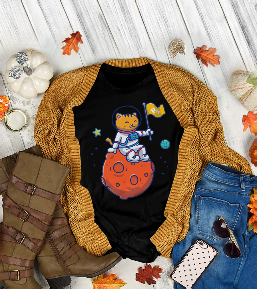 Astronaut Cat Smiling on Orange Planet with Fishbone Flag and Stars T-Shirt