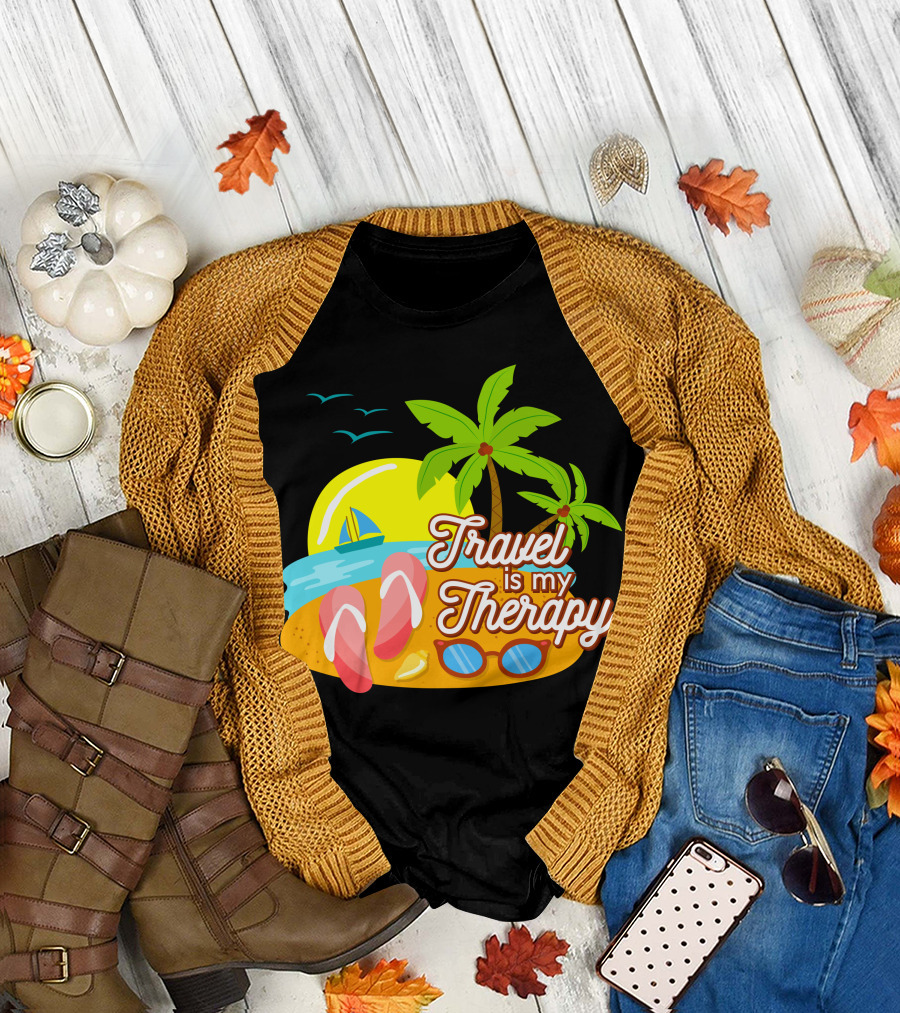 Travel Is My Therapy Beach Palm Trees Flip-Flops Sunglasses Sailboat Ocean Sunset T-Shirt