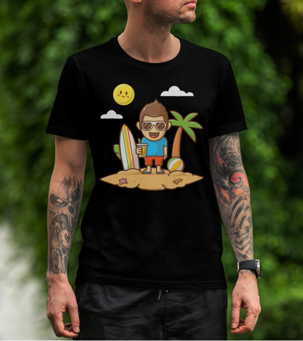Boy Enjoying Summer On Beach With Surfboard And Tropical Vibes T-Shirt