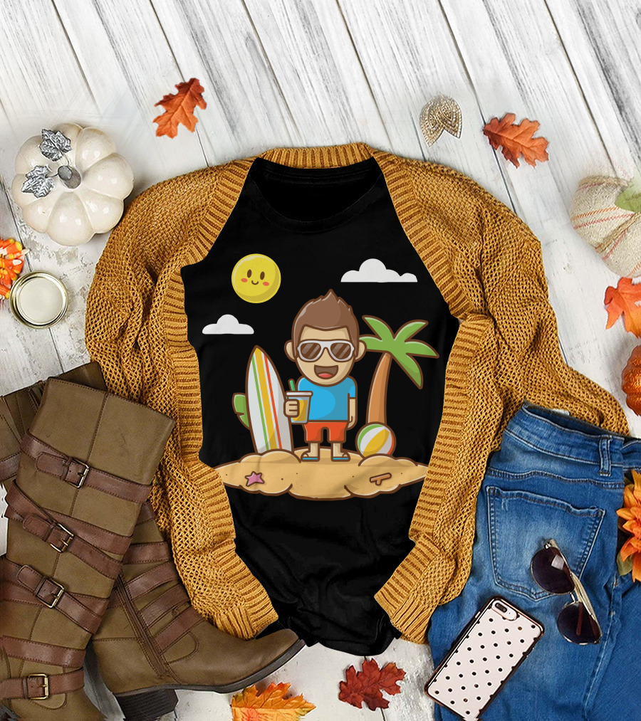 Boy Enjoying Summer on Beach with Surfboard and Tropical Vibes T-Shirt
