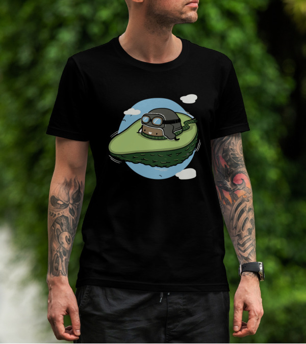 Flying Avocado Pilot Adventure With Helmet Goggles And Sky Background T-Shirt