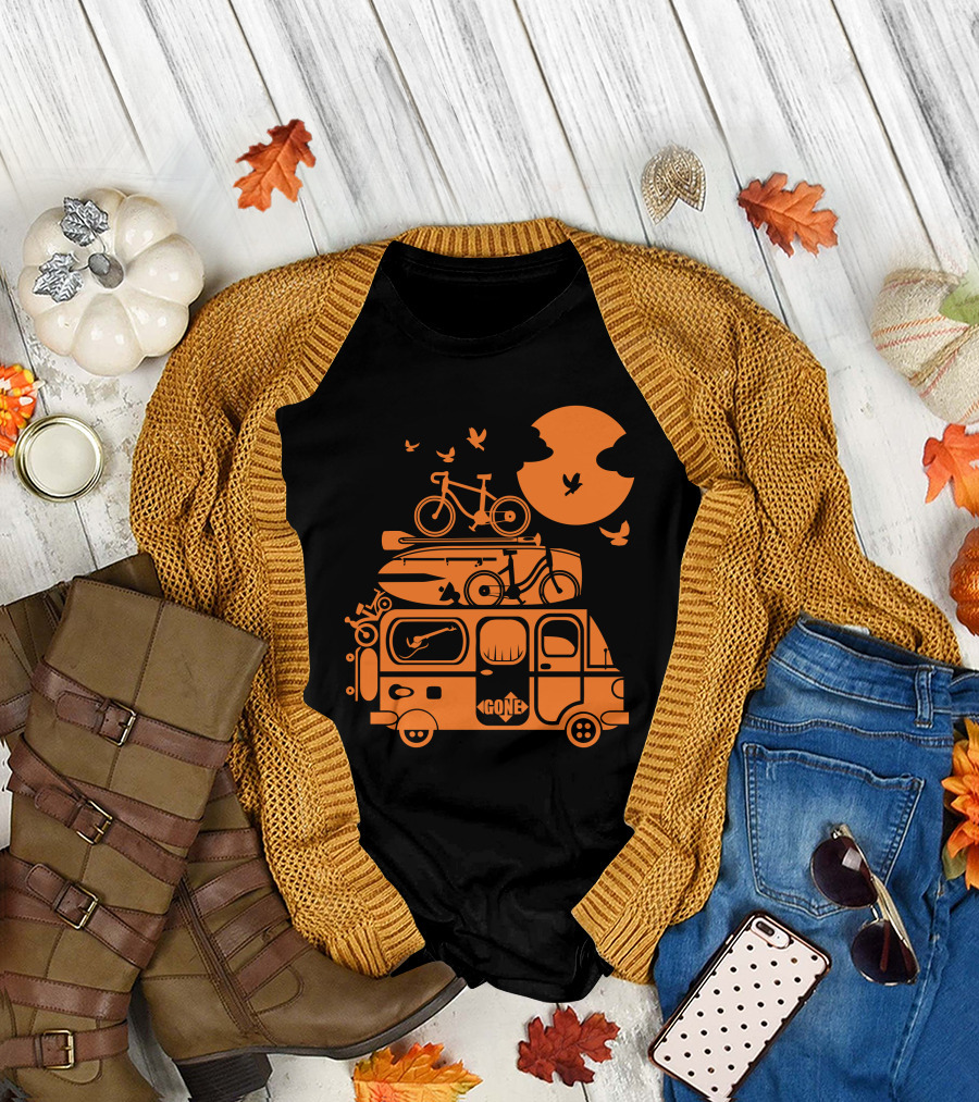 Gone Funny Family Vacation Camper Van with Bikes and Surfboards T-Shirt