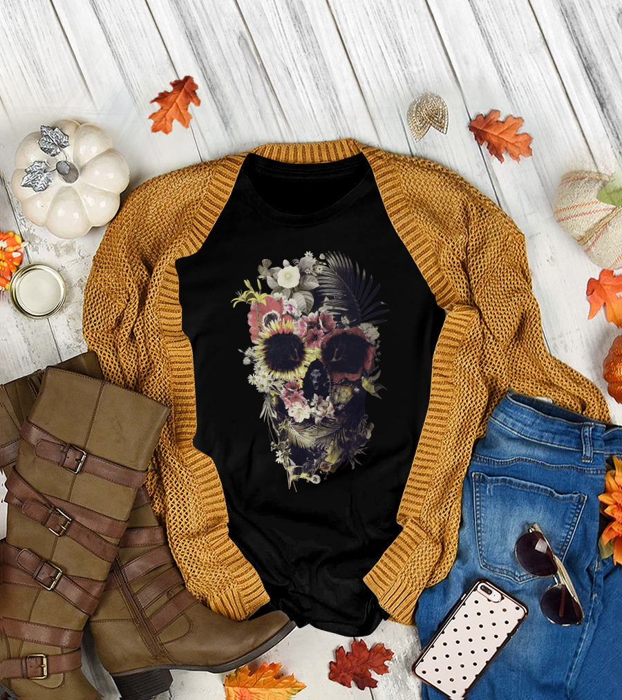 Garden Skull Floral Arrangement Botanic Collage T-Shirt