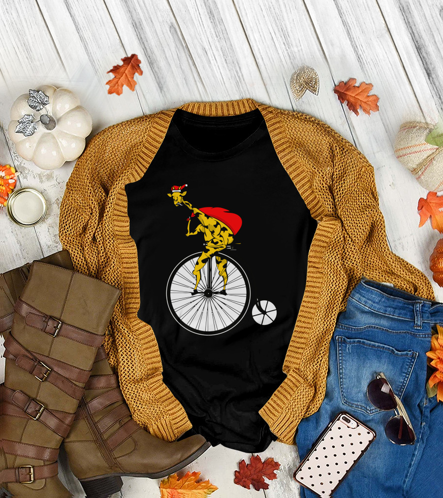 Santa Giraffe Riding Vintage Bicycle with Red Cape and Hat T-Shirt