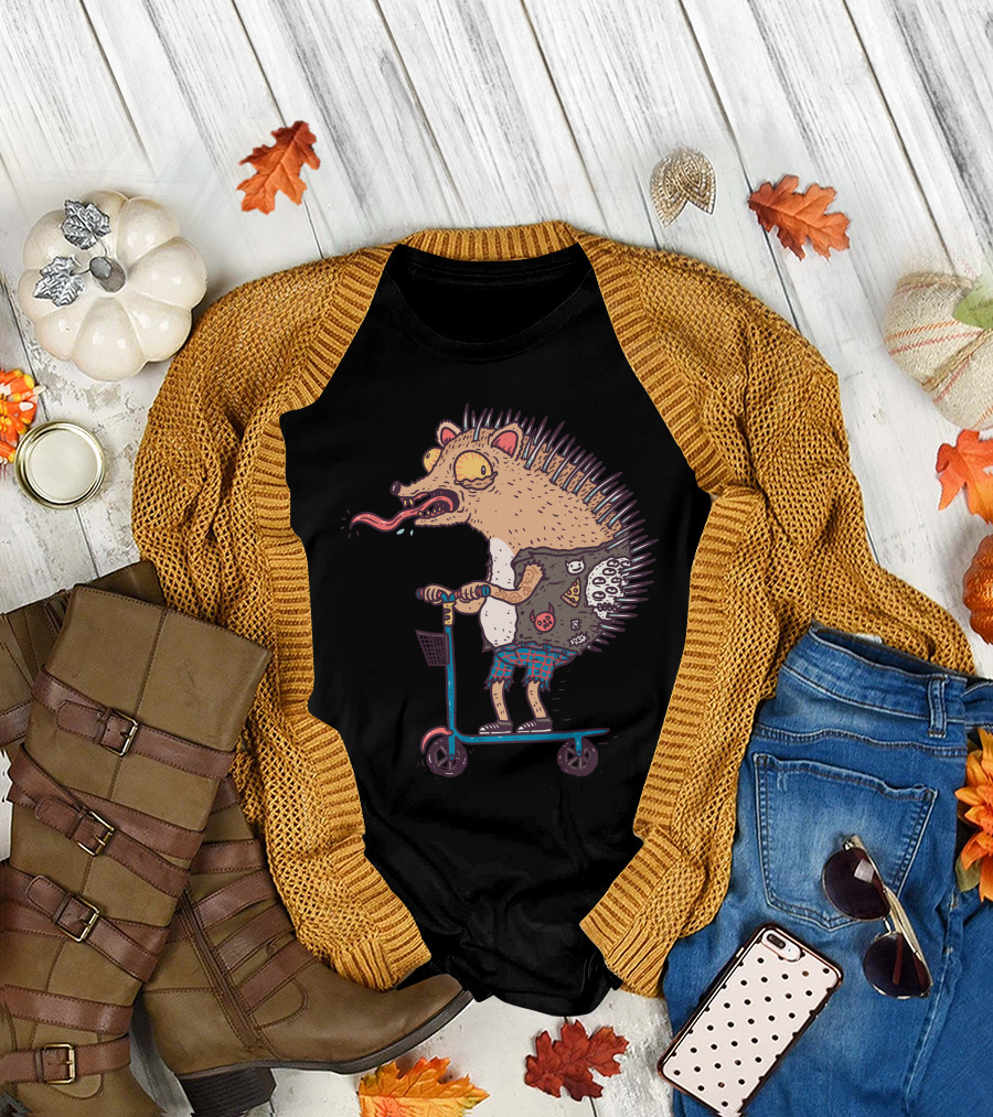 Hedgeman Scooting Punk Hedgehog Cartoon T-Shirt